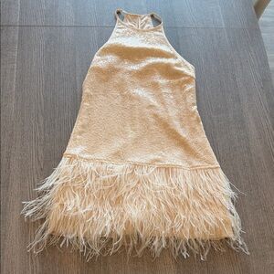 Lucy Paris Ivory Sequin Feather Hem Halter Party Dress Size M